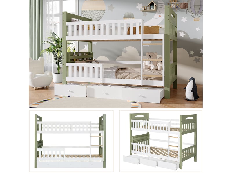  Lit superposé enfant 90x200 cm avec 3 tiroirs et étagère blanc et vert  - Conforama D
