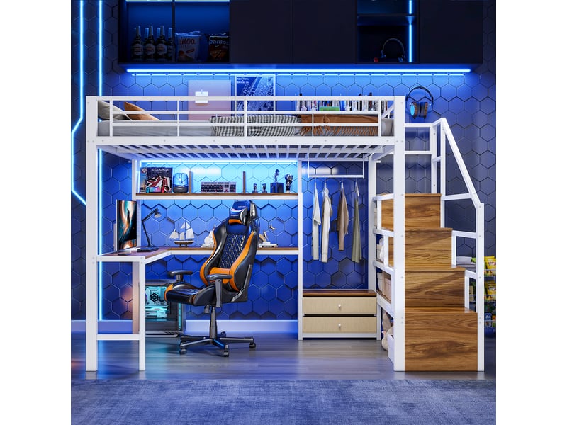  Lit mezzanine blanc 140x200 cm en métal et mdf, sans matelas, bureau, 2 tiroirs, led et rangements d’escalier  - Conforama B