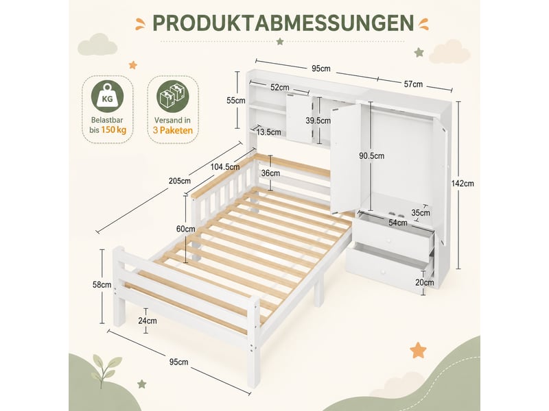  Lit enfant 1 place 90x200 cm avec armoire intégrée, tiroirs, étagères ouvertes, garde-corps, sommier à lattes, bois massif et mdf blanc  - Conforama E