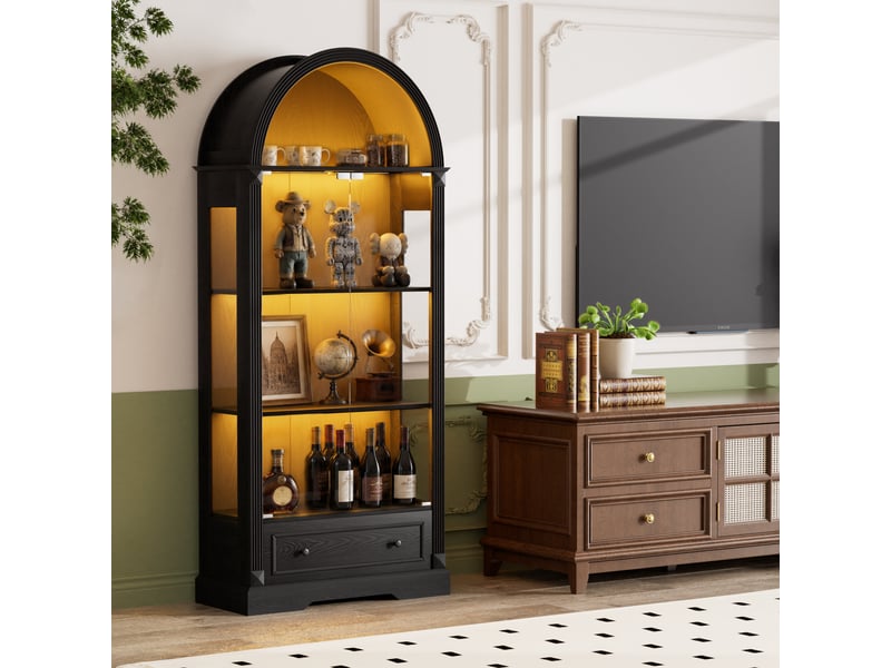  Vitrine de salon 180cm noir - vitrine en arche de style maison de campagne avec portes en verre, led et tiroirs  - Conforama D