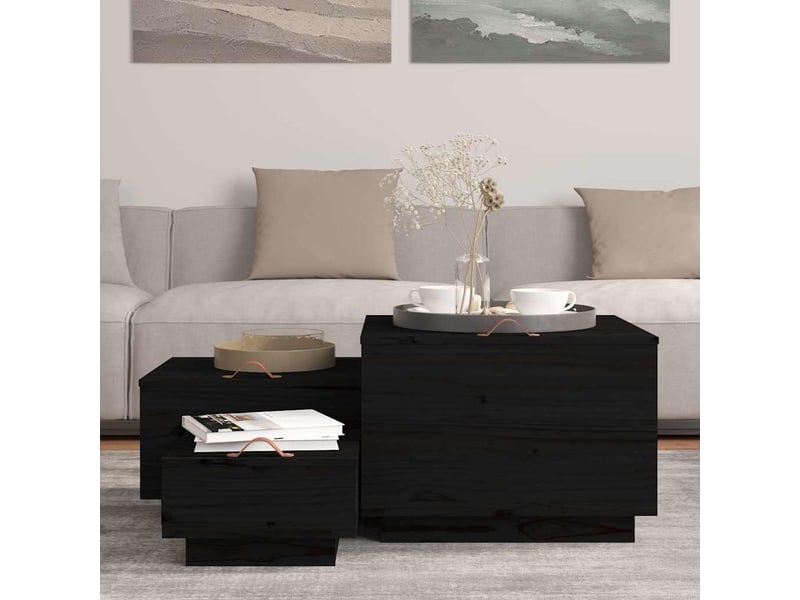  Boîtes de rangement et couvercles 3 pcs noir bois massif de pin  - Conforama C