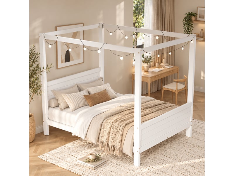  Lit cabane double 140 x 200 cm en bois et mdf blanc avec structure personnalisable, tête de lit surélevée et rangement sous le lit sans matelas  - Conforama R