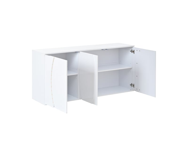  Buffet de salon 150x40x70 cm, armoire de salon brillante à trois portes, armoires de rangement avec portes à led, blanc, aggloméré  - Conforama D