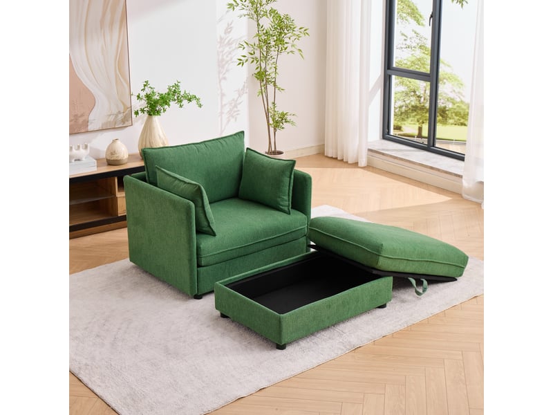  Fauteuil fixe vert en velours avec repose-pieds coffre 149 x 103,5 x 81 cm, style design pour salon et petits espaces W3245S00025 - Conforama D