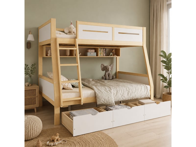  Lit superposé 90x200 cm + 120x200 cm 3 tiroirs, pin mdf contreplaqué blanc et coloris naturel  - Conforama D