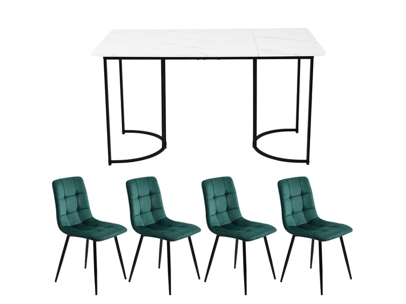  Ensemble table et chaises 5 pièces, table à manger avec 4 chaises, plateau effet marbre, table 140 x 80 cm, vert foncé et noir  - Conforama E