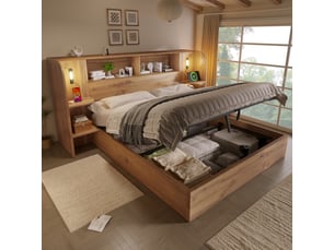 Lit double en bois 180x200 cm,lit coffre hydraulique avec rangement,étagères de tête de lit,éclairage led,port usb,sans matelas,chêne