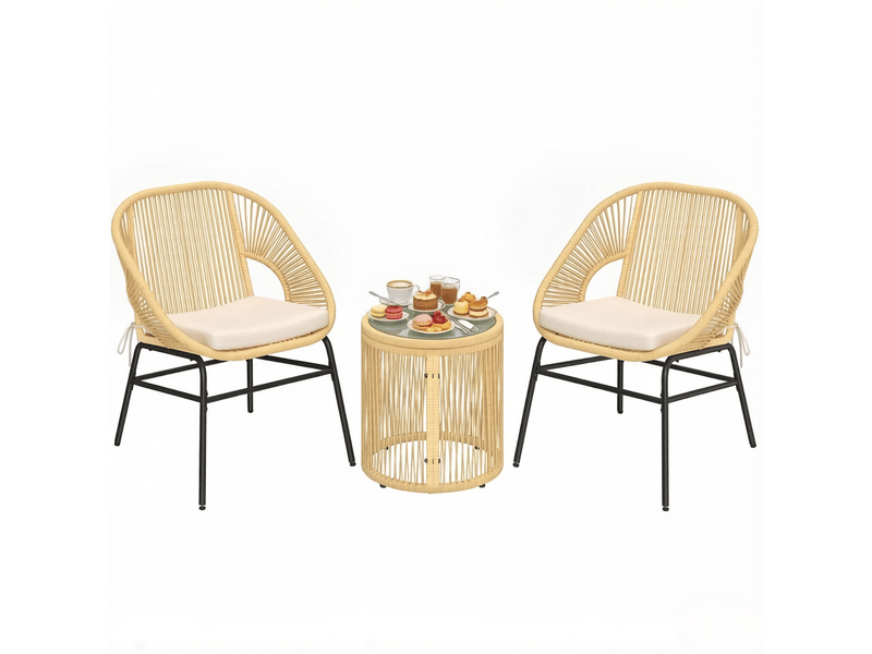 Salon de jardin 2 fauteuils avec table ronde – 63x73x81 cm – beige – coussins déhoussables et plateau en verre trempé  - Conforama A