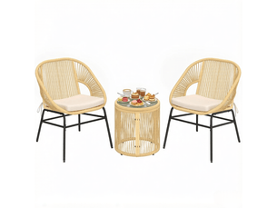 Salon de jardin 2 fauteuils avec table ronde – 63x73x81 cm – beige – coussins déhoussables et plateau en verre trempé
