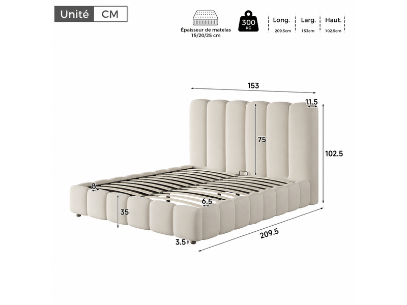  Lit coffre - velours - beige 209.5x153x102.5cm - Conforama W