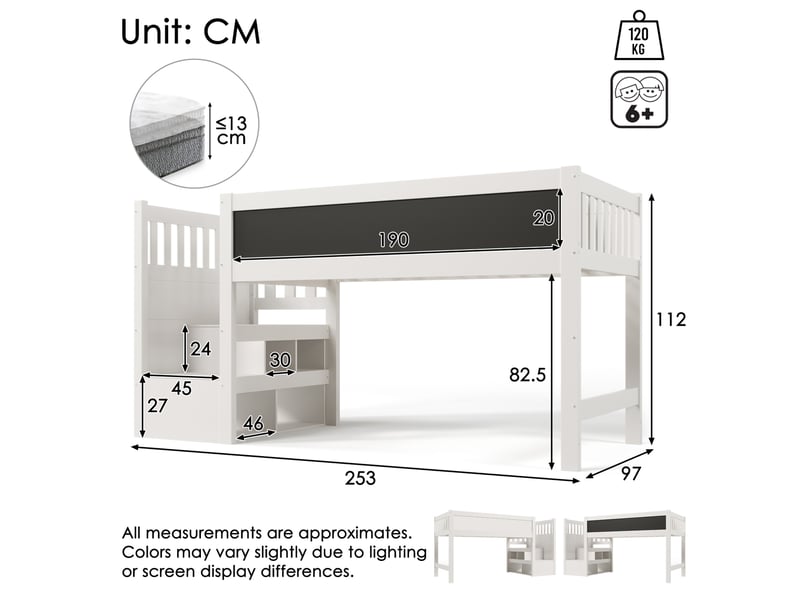  Lit mezzanine enfant 90x200 cm, escalier réversible rangement, tableau, barrières, bois mdf, blanc sans matelas  - Conforama C
