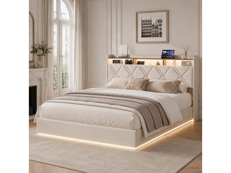 Lit coffre 140x200 cm, lit simple avec led rgb et ports usb, cadre de lit capitonné en tissu lin avec tête de lit de rangement, beige - Conforama C