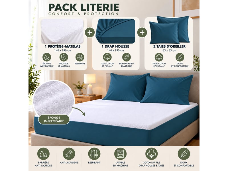  Pack literie protège matelas 140x190 imperméable + drap housse + 2 taies bleu  - Conforama B