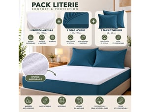 Pack literie protège matelas 140x190 imperméable + drap housse + 2 taies bleu