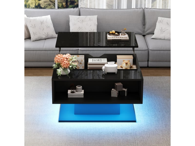 Table basse hydraulique noir brillant 80×75×40 cm avec rangement semi-ouvert – design géométrique - Conforama E