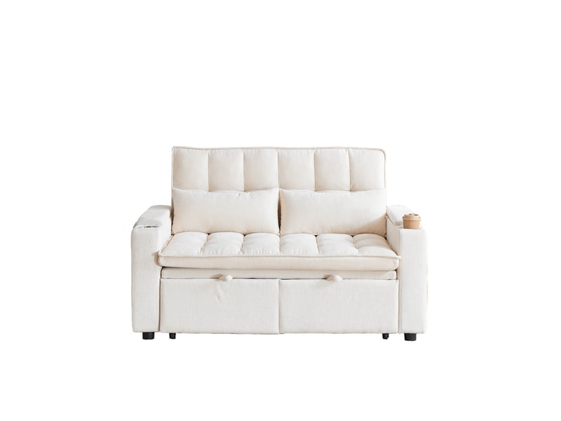 Canapé convertible 3-en-1 142 cm en tissu chenille effet nuage – canapé-lit 2 places avec position relax, 2 porte-gobelets, rangements dans accoudoirs et 2 coussins lombaires – beige - Conforama A