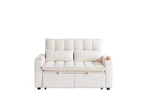 Canapé convertible 3-en-1 142 cm en tissu chenille effet nuage – canapé-lit 2 places avec position relax, 2 porte-gobelets, rangements dans accoudoirs et 2 coussins lombaires – beige