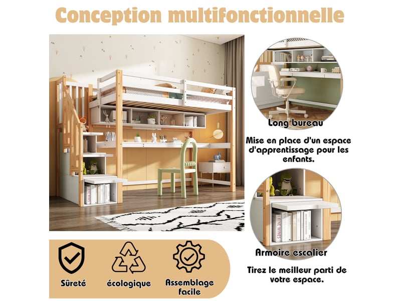  Lit mezzanine, 90x200 cm, avec bureau intégré, solution de rangement, matelas non inclus, bois, coloris blanc et chêne  - Conforama E