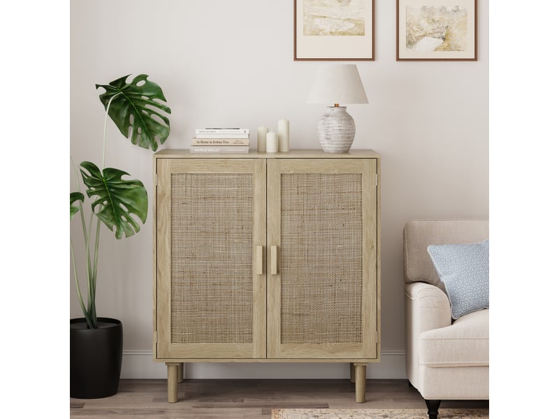  Armoire rangement modèle rattan 80 cm, naturel, 2 portes, meuble salon salle à manger entrée  - Conforama B