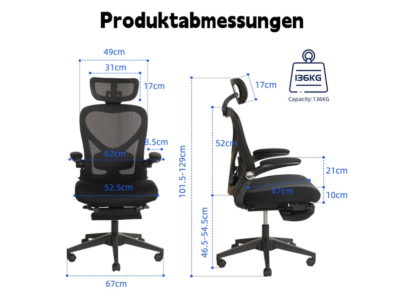  Chaise de bureau ergonomique pliante avec appui-tête 3d - lpospi - dossier inclinable, maille et mousse - noir  - Conforama D