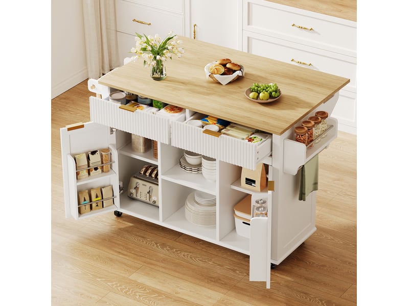  Desserte de cuisine à roulettes avec 2 tiroirs, 2 portes, plan rabattable et rangement ouvert latéral, blanc naturel  - Conforama D