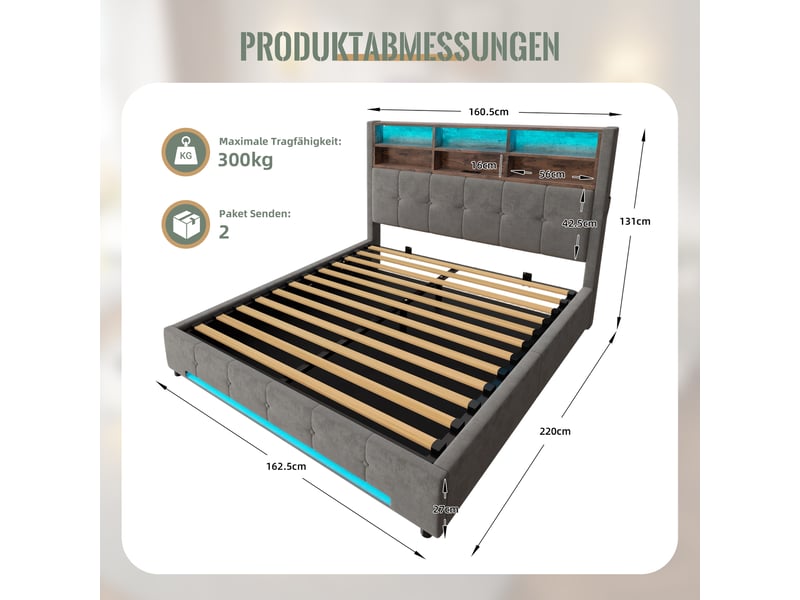  Lit coffre 160x200 cm, lit double, rangement hydraulique, led, velours gris foncé, usb et usb-c  - Conforama A
