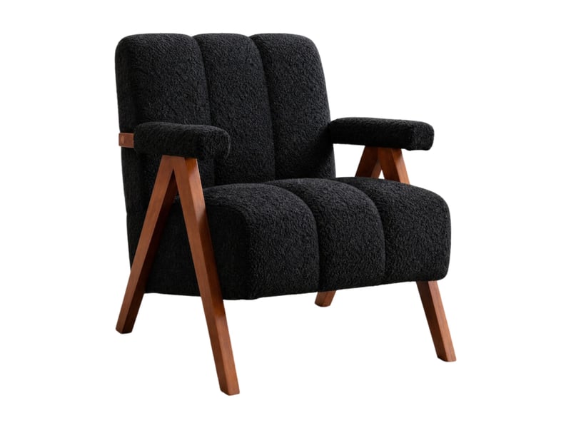  Fauteuil de salon 77x68,4x77 cm, accoudoirs courbés, structure en bois, tissu chenille, couleur noir, design moderne  - Conforama A