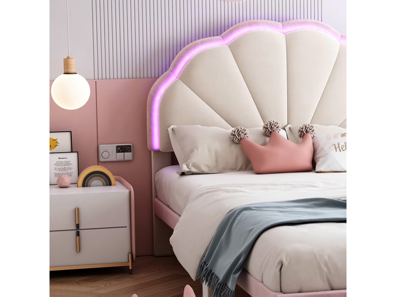  Lit simple enfant 200×90 cm avec éclairage led multicolore et tête de lit capitonnée, sans matelas, en velours beige et rose  - Conforama E