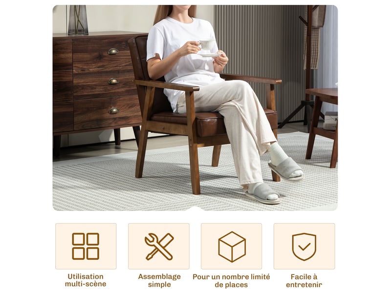  Fauteuil de salon, fauteuil de chambre en cuir synthétique, dossier capitonné, pieds en bois massif, 64x73x81cm, marron  - Conforama R