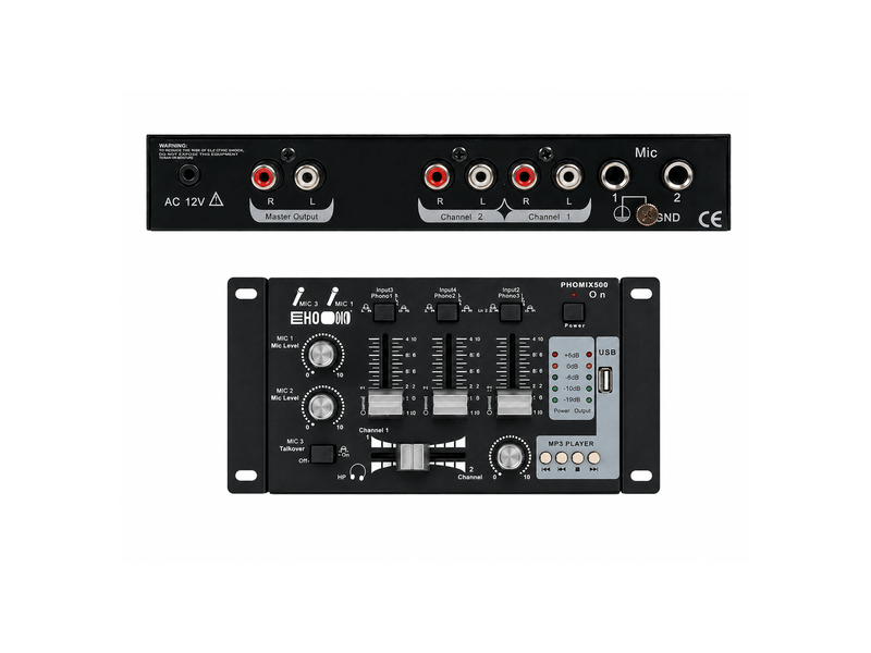  Hq power promix50u table de mixage mp3 stéréo 2 canaux, 2 entrées micro et 1 entrée usb, sono dj, casque et microphone  - Conforama C