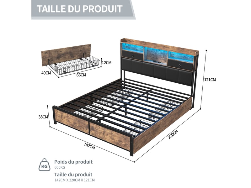 Lit double en fer et bois - 140x200 cm brun rustique et noir  led bleue - tiroirs de rangement - tête de lit avec étagères et prises  - Conforama B