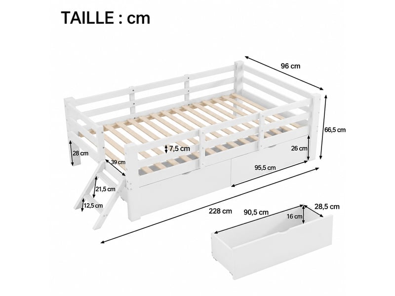 Lit enfant blanc 90x200 avec 2 tiroirs, barrières et ouverture latérale, structure en pin massif et mdf - Conforama C