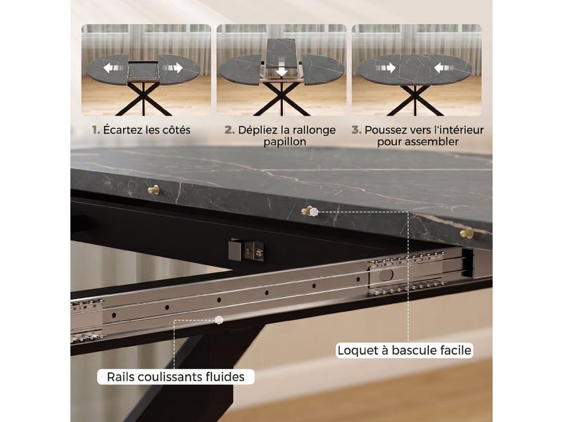  Table à manger extensible 4 à 6 personnes effet marbre noir 100-135 x 100 x 75 cm  - Conforama E