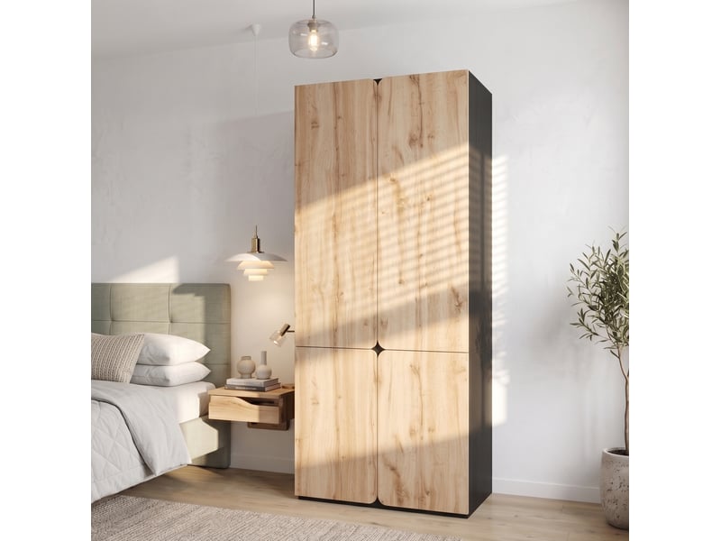  Armoire 4 portes avec penderie et 3 tiroirs 90x50x200 cm, effet chêne  - Conforama B