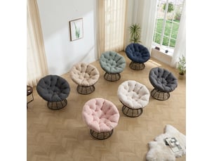 Fauteuil papasan pivotant 360° ø92 x h67 cm – bleu marine et marron – coussin épais, acier et rotin pe
