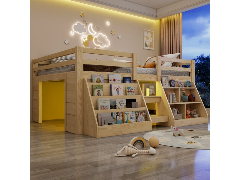 Lit enfant 140 x 200 cm – avec étagères de rangement – avec barrières de sécurité – avec échelle – avec éclairage led – naturel (matelas non inclus) - Conforama R