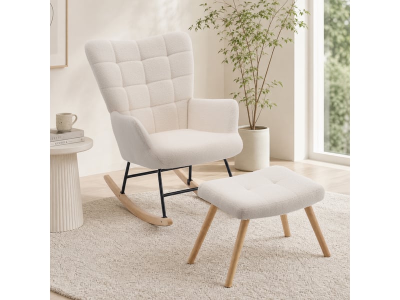  Modenvie fauteuil à bascule 91x61x88 cm - tissu effet laine, assise épaisse, repose-pieds inclus - beige  - Conforama B