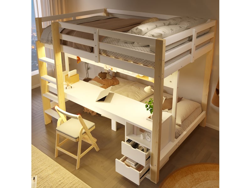  Lit superposé 140x200 et 90x200 cm avec bureau, tiroirs et led blanc naturel  - Conforama E