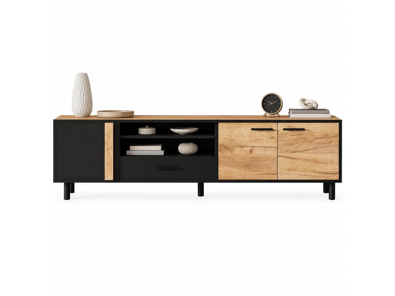  Meuble tv avec 3 portes, 1 tiroir et rangement ouvert pour salon 180×32,5×50 cm noir bois  - Conforama A