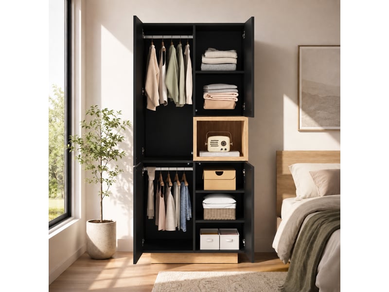 Armoire penderie 90x45x200 cm - 2 portes - 2 tringles - 5 compartiments - niche ouverte - moderne - mdf - noir CozyNest - Conforama E