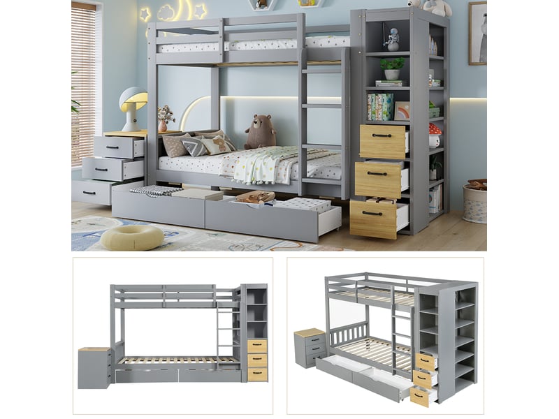  Lit superposé 90 × 200 cm 2 places avec 2 tiroirs, étagères et commode, sans matelas, en bois gris  - Conforama E