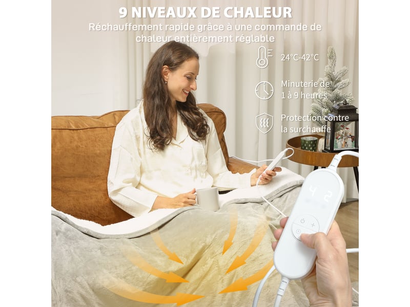  Couverture chauffante, plaid chauffant, 9 niveaux de chauffage, minuterie 9h, 180x130cm, lavable en machine, gris  - Conforama E