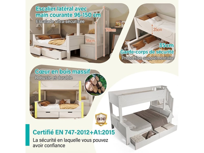  Lit superposé enfant blanc 90x200 140x200 avec escalier de rangement et tiroirs - forme traîneau  - Conforama E