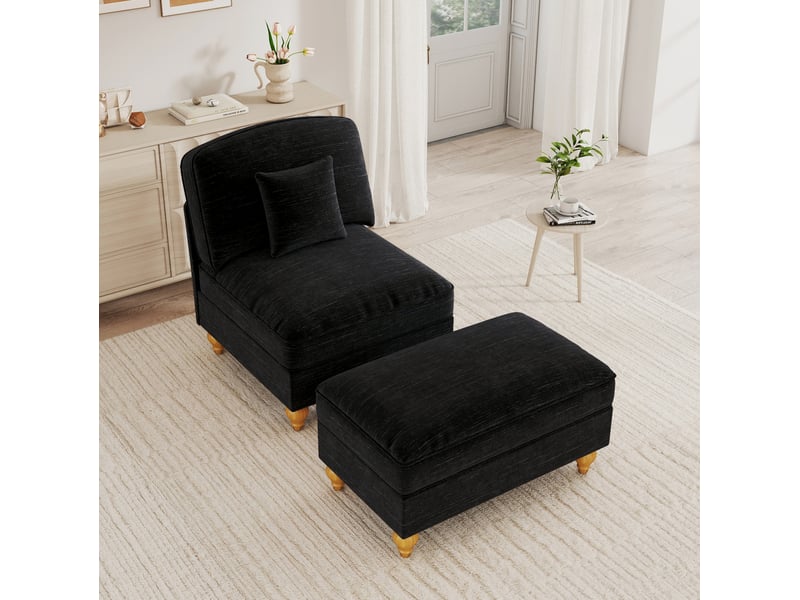  Fauteuil avec pouf en tissu chenille avec jupe amovible et dossier rembourré, noir  - Conforama D