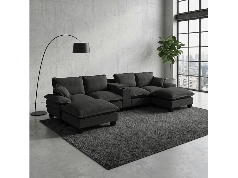  Canapé modulaire en u 364x155x90 cm 6 places avec 2 ottomanes porte-gobelets rangement usb bois noir  - Conforama C