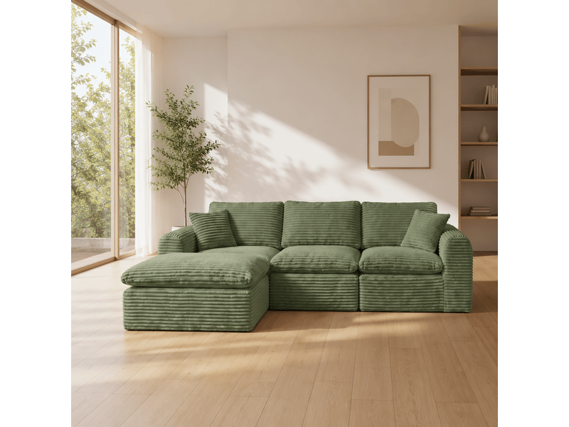  Canapé d'angle modulable 3 places 280x180 cm, 3 modules combinables, méridienne droite, velours côtelé, mousse et ressorts, vert OMNIGLINT TRADING LTD - Conforama D
