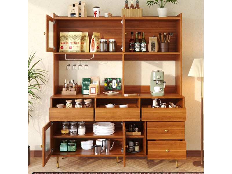 Buffet haut modenvie avec portes en verre cannelé, rangement multi-niveaux, porte-bouteilles, marron noyer, mdf et métal, 145 x 39 x 171 cm  - Conforama D