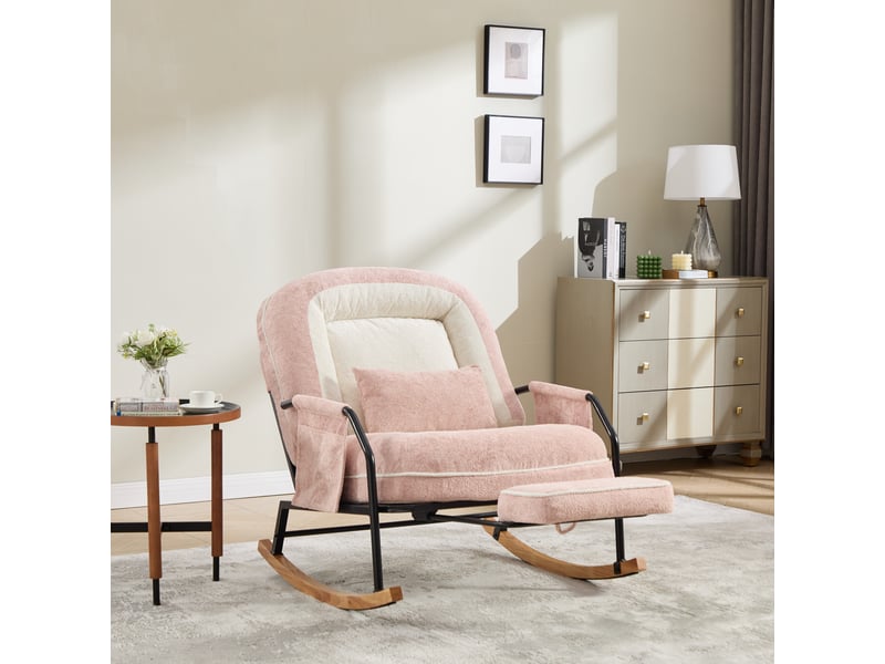 Fauteuil à bascule avec repose-pieds, fausse fourrure rose, dossier réglable, pochette latérale, coussin rembourré, intérieur extérieur - Conforama E