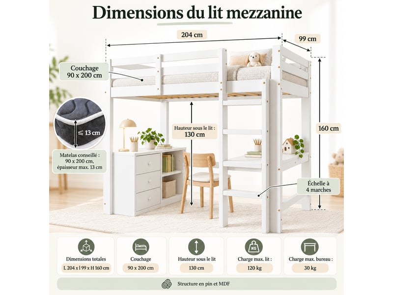  Lit mezzanine enfant 90 x 200 cm avec bureau, meuble à tiroirs, étagère et échelle 4 marches, gain de place, blanc  - Conforama C