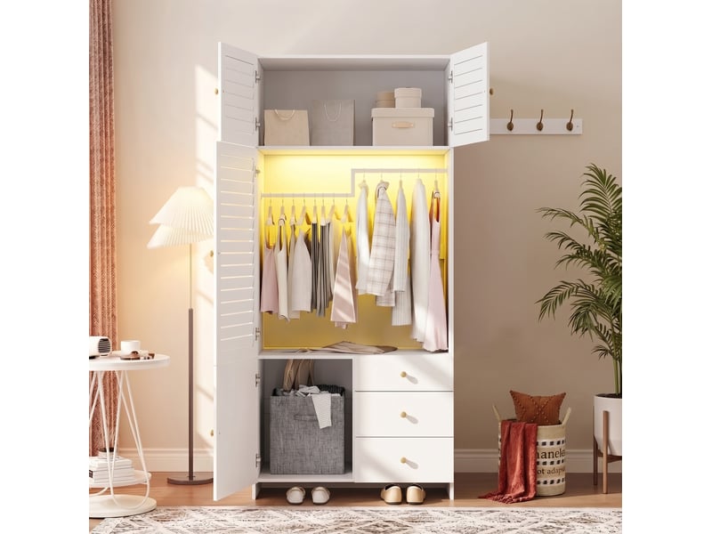  Armoire avec éclairage led, panier à linge, penderie et 3 tiroirs pour chambre, blanche, 90 × 50 × 200 cm  - Conforama B